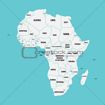 Simple flat map of Africa continent with national borders and country name labels on blue background. Vector illustration