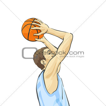 Basketball player throws the ball into the basket