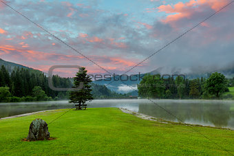 Summer Fresh  Sunrise on lake with colorful clouds