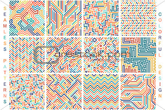 Collection of colorful seamless geometric patterns. Fashion 80-90s.