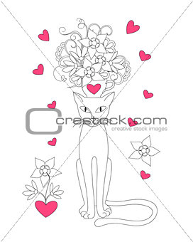 elegance lovely cat with cup, flowers and hearts