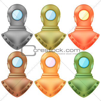 Set of Colorful Old Metal Diving Helmets