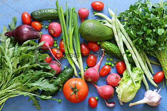 Assorted vegetables (tomatoes, radish, cucumbers, avocado) healthy food