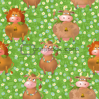 Seamless pattern, cartoon cows on a meadow