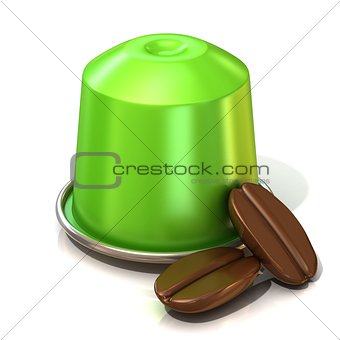 Green coffee capsule with two coffee beans. 3D