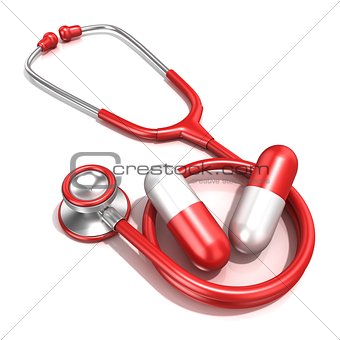 Red stethoscope with two big red pills, 3D