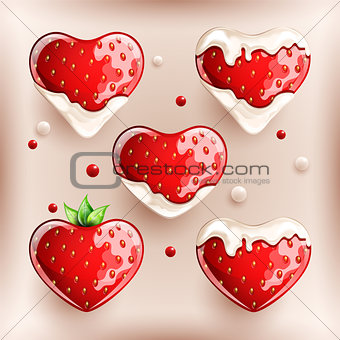Fresh strawberries in cream on colorful background.
