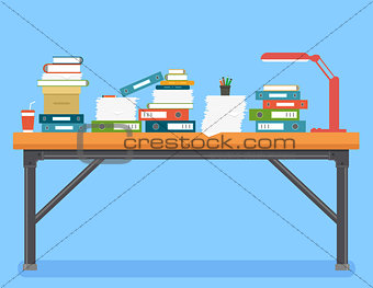 office interior with table, books and folders. flat style background