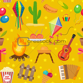 Festa Junina seamless pattern. Brazilian Latin American festival endless background. Repeating texture with traditional symbols. Vector illustration.