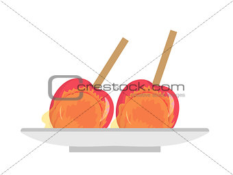 Apples in caramel, icon flat, cartoon style. Candy apple isolated on white background. Vector illustration, clip-art.
