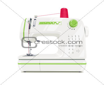 Modern sewing machine with red spool thread