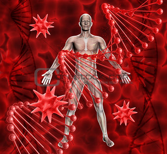 3D medical background with male figure, DNA strands and virus ce