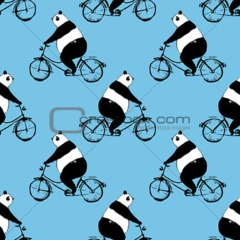Seamless pattern with panda bear on bicycle