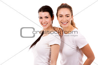 two female friends on white background