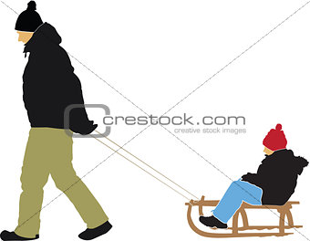 Mother pulling son on sledge