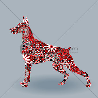 Alert Doberman Dog with stylized flowers over grey