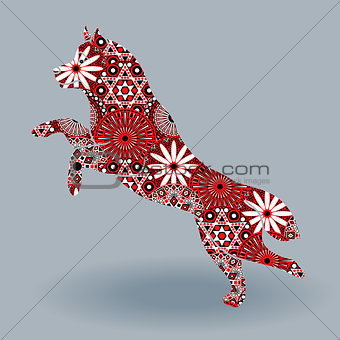 Jumping Husky Dog with stylized flowers over grey