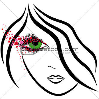 Abstract girl face with green eye and sakura florets