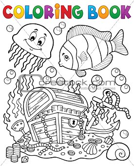 Coloring book treasure chest underwater