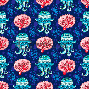 Seamless nautical pattern. Coral Jellyfish background.
