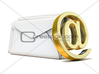 Envelopes with golden e-mail sign. 3D