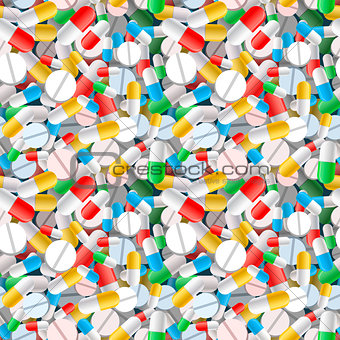 Bright different pills and capsules, seamless pattern