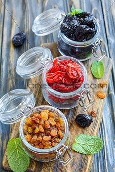 Dried fruit in glass jars.
