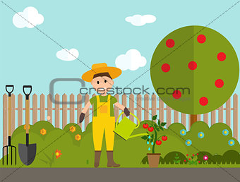 Farmer Gardener Man with Watering Can and Tomato Plant in Modern