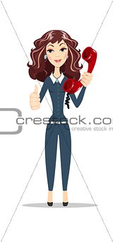 young woman with red telephone receiver