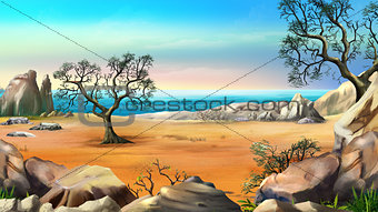 Rocky Shore with Lonely Tree Against Blue Sky