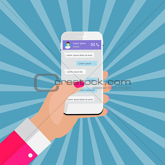 Mobile Apps Concept Hand Holding Phone. Social network concept. 