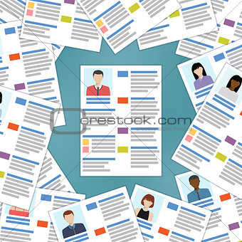 Group of resumes with one in the center.