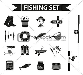 Fishing icon set, black silhouette, outline style. Fishery collection objects, design elements, isolated on white background. Vector illustration, clip-art.