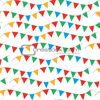 Kids, carnival seamless pattern with bunting, garlands. Bright festive background, texture with ribbons. Vector illustration.