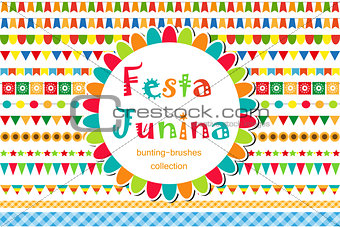 Festa Junina patterned set of brushes, bunting, flags. Festive decorations, border isolated on white background. Vector illustration.
