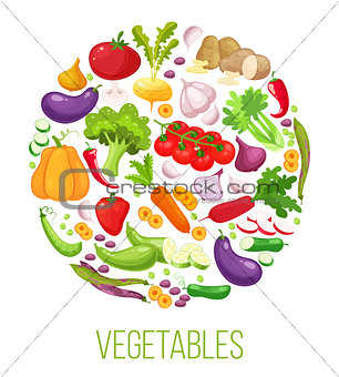 Banner round composition with colorful vegetables for farmers market menu design. Healthy food concept. Vector illustration.