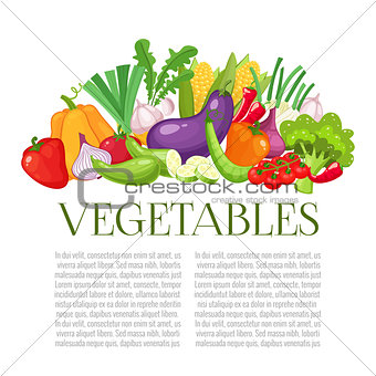 Vegetables top view frame. Farmers market menu design. Organic food colorful poster.Colorful organic banner with vegetables. Cartoon style vector illustration.