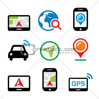 GPS, car navigation, travel vector icons set