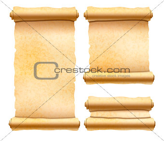 Old textured papyrus scrolls different shapes isolated on white