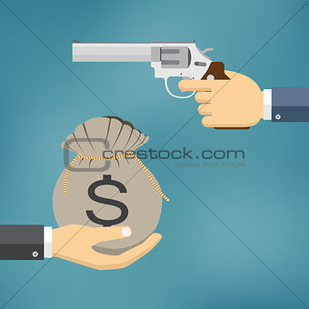 Hand holding pistol and another hand giving money.