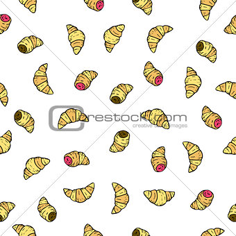 Seamless vector pattern with doodle hand drawn croissants donuts. Color illustration of cute desserts.