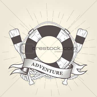 Life buoy, oars and rope - nautical emblem