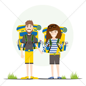 Tourists with Backpacks Isolated on White.