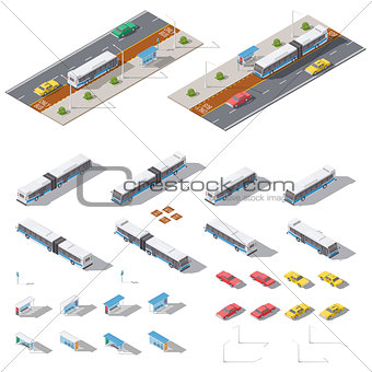 Bus stop and road architecture isometric icon set