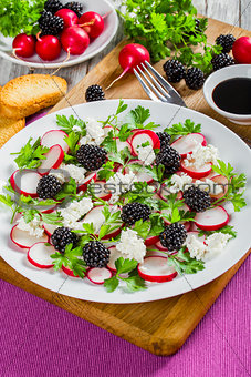 parsley, blackberry, radish, goat cheese ,close-up