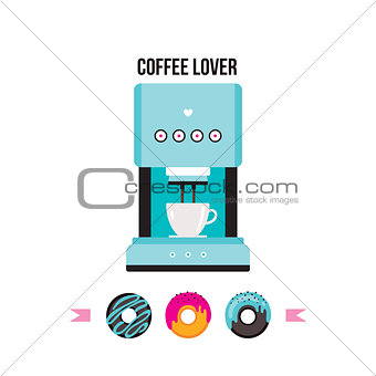 Coffee machine and Colorful delicious donuts isolated on white background