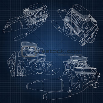 A set of several types of powerful car engine. The engine is drawn with white lines on a dark blue sheet in a cage