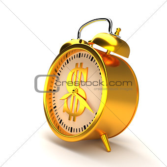 Golden alarm clock. 3D rendering.