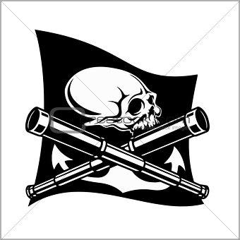 Pirates emblem - telescopes and skull. Black flag for entertainment party decor.
