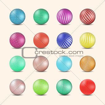 Set of glossy colored balls with halftone fill, vector illustration.